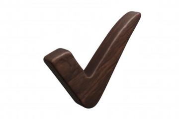 Wooden check mark symbol confirming approval, saying yes, showing success and completion on transparent background