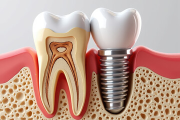 Anatomical cross section of healthy natural tooth next to dental implant showing gum and bone structure for dentistry