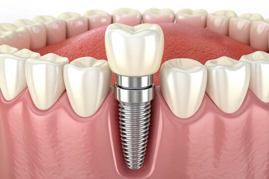 Dental implant model showing single tooth replacement restoration with screw-retained crown prosthetic and gum anatomy