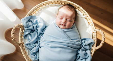 Newborn baby sleeping in blue swaddle blanket in wicker moses basket. Infant care and nursery essentials for maternity services and baby product marketing campaigns
