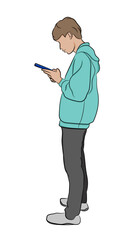 Outline vector illustration of one man standing and looking intently at his smartphone. Concept of mobile technology and digital focus