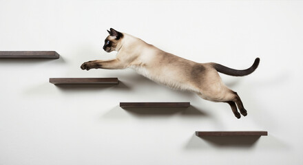 Siamese cat leaping between wooden wall shelves in dynamic mid-air motion. Pet agility and indoor exercise for cat furniture and pet enrichment product marketing campaigns