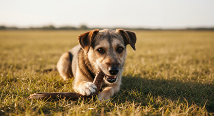 Mixed breed dog chewing wooden stick lying on grass field outdoors. Pet behavior and natural toys for veterinary services and dog training programs