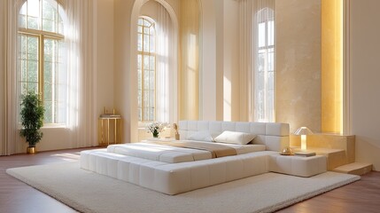Modern minimalistic interior design of a bright bedroom with large windows and natural light streaming in