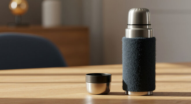 Stainless steel thermos with knitted blue cover and cup on wooden table. Travel accessories and outdoor gear for camping equipment and hot beverage products - Powered by Adobe