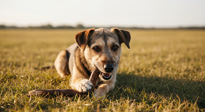 Mixed breed dog chewing wooden stick lying on grass field outdoors. Pet behavior and natural toys for veterinary services and dog training programs