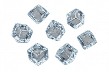 Ice cubes floating, cooling refreshing drink, clear frozen water blocks, transparent background, beverage concept