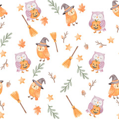 Cute Watercolor Halloween Owl Pattern with Pumpkins and Brooms
