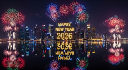 Obraz premium Happy new year 2026 fireworks display over city skyline view