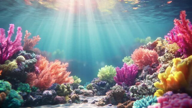 Vibrant underwater scene with colorful corals, captured from a low-angle. Sunlight beams create a magical video-like atmosphere. Live desktop wallpaper.