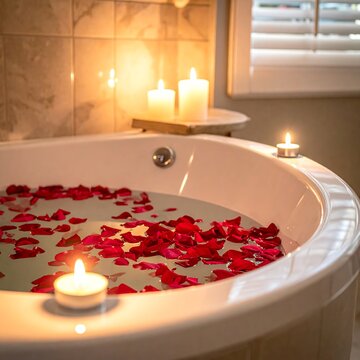 Luxurious bathroom with candles and flower petals