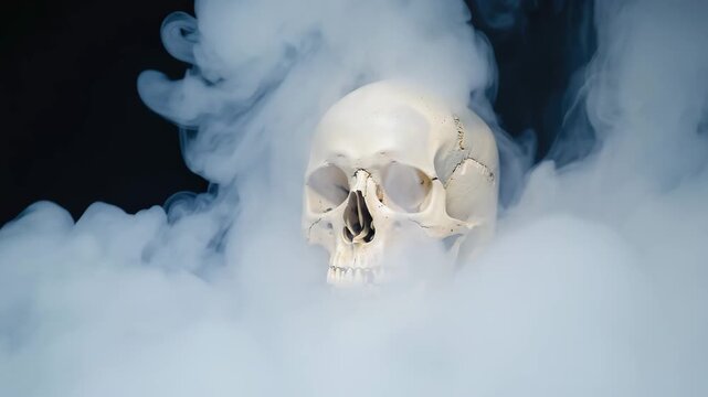 Human skull emerging from ethereal smoke wisps against a dark backdrop conveying mystery death