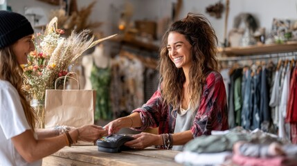 Smiling woman with curly hair at a retail counter, assisting a customer with a payment, surrounded by clothing and decorative elements in a vibrant store atmosphere