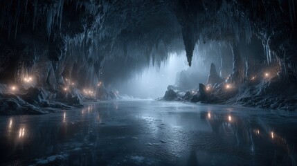Fototapeta premium Exploring a mysterious underground frozen lake reflecting stars icy cave photography enigmatic environment low angle adventure