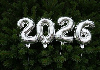 Shiny silver foil balloons forming the number 2026, resting on a background of dark green pine needles