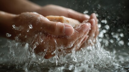 Fototapeta premium Hands of a person gently holding a smooth stone while water splashes around, creating a dynamic scene that captures the essence of tranquility and connection with nature
