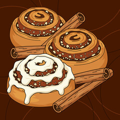 Cinnamon rolls topped with chopped nuts and sugar, with a few cinnamon sticks on a dark brown background. Perfect for celebrating National Cinnamon Roll Day on October 4th.