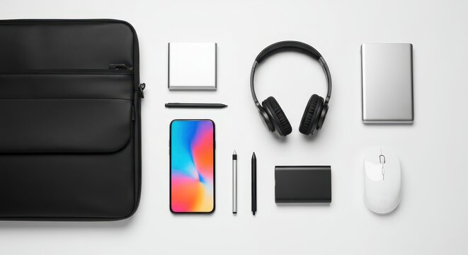 Flat lay of modern electronic gadgets and accessories on a white surface.