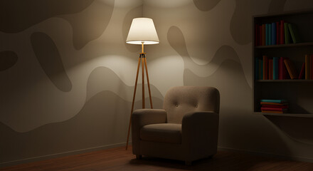 Cozy Armchair in Modern Living Room with Floor Lamp and Bookshelf