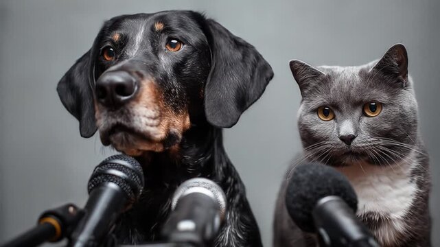 A dog and a cat sitting at a press conference with microphones, showcasing their unique expressions
