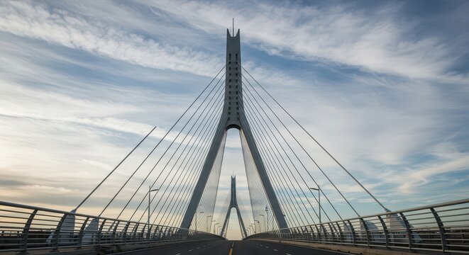 Modern cable-stayed bridge with towering pylons and steel cables.