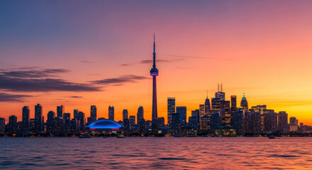 Naklejka premium Toronto Skyline at Sunset with CN Tower and Rogers Centre
