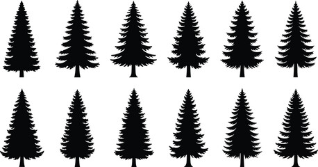 Obraz premium Conifer tree silhouette vector set featuring diverse pine and fir shapes for nature, forest, landscape, winter, and decorative design use