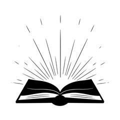 Black and white graphic of an open book with radiating light, symbolizing knowledge and enlightenment.