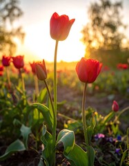 Obraz premium Red tulips growing towards golden sunset