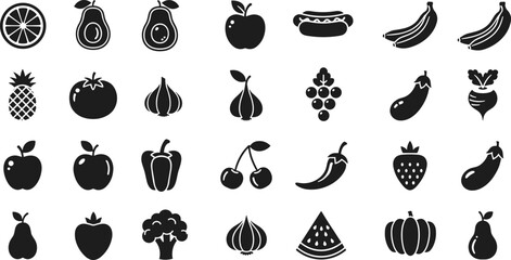 Fruit and vegetable silhouette vector set with diverse produce icons including grapes, garlic, carrot, strawberry, mango, and broccoli