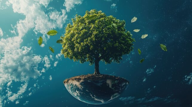 Vibrant Green Tree on Floating Earth Segment, Bridging Day and Night Sky with Falling Leaves, Symbolizing Ecosystem Balance and Environmental Harmony.