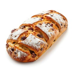 Freshly baked golden brown bread loaf, adorned with cranberries, poppy seeds, and a dusting of icing sugar, rests on a pristine white backdrop
