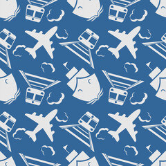 Seamless Travel Pattern. Airplane, Train, and Ship. Vector Illustration