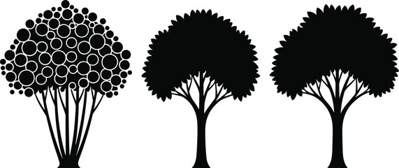 Stylized tree silhouette vector set with abstract, natural, and jagged foliage designs for nature, logo, decor, and educational use