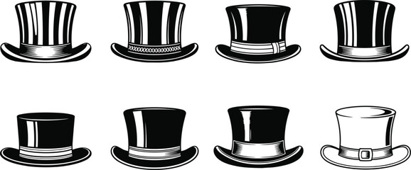 Top hat silhouette vector set with vintage, striped, buckled, and decorative styles for fashion, costume, logo, and design use