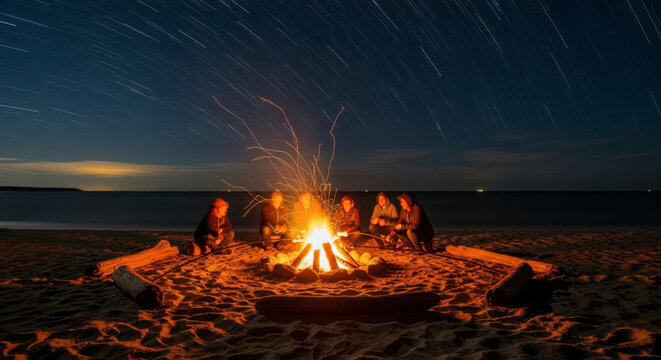 Friends Gathered Around Beach Bonfire Under Starry Night Sky