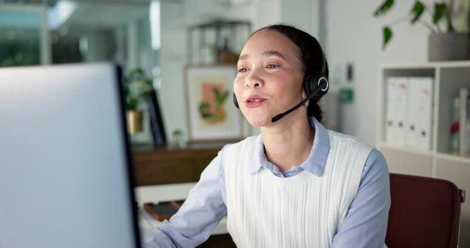 Computer, call center and business woman talk in office for faq, multilingual support and help desk. Smile, contact us and agent consulting for customer service, feedback and language translation