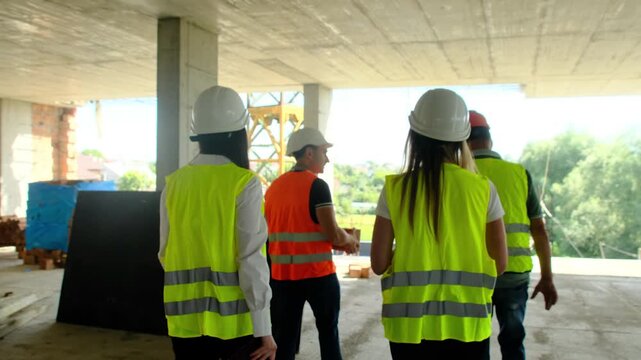 Engineers and builders perform walkaround of building. Specialists in har dhats inspect work area assessing stages of processes during shift