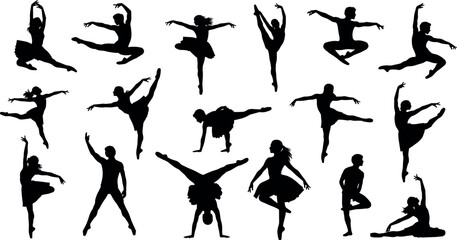 Silhouetted dancers in expressive poses, ballet and contemporary movement, graceful choreography, dance art, flexibility, performance, motion, artistic inspiration