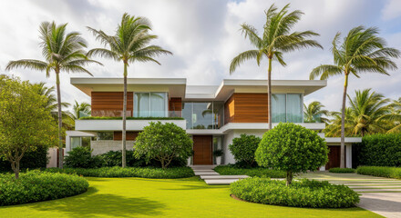 Fototapeta premium Stunning Modern Architectural Residence with Lush Tropical Landscaping