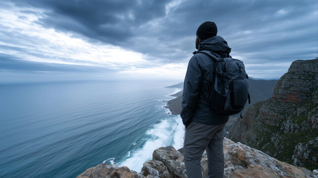 Traveler Standing on Cliff Overlooking Ocean