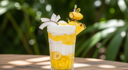 Refreshing tropical pineapple and coconut cocktail on a beach bar
