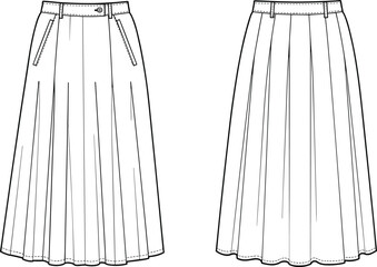 CAD drawing flat vector illustration, fashion technical sketch, pleated skirt design, garment construction, apparel template, sewing pattern layout