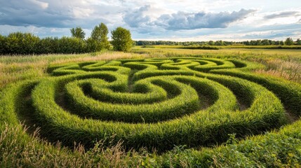 Intricate circular grass labyrinth in a sprawling field on a beautiful cloudy day, with lush green and golden grasses under an expansive, dynamic sky.
