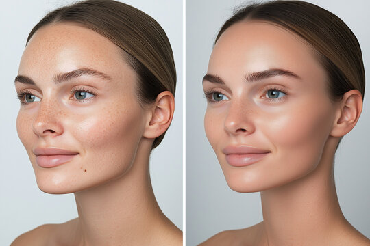 Skin hydration improvement demo shown in a clear before-and-after format. Young woman with natural makeup posing for beauty portrait  