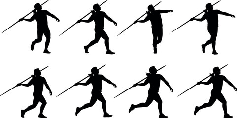 Silhouetted javelin throw sequence, athletic motion illustration, track and field technique, dynamic sports poses, strength training, performance guide