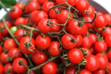 Little red cherry tomatoes nature background.