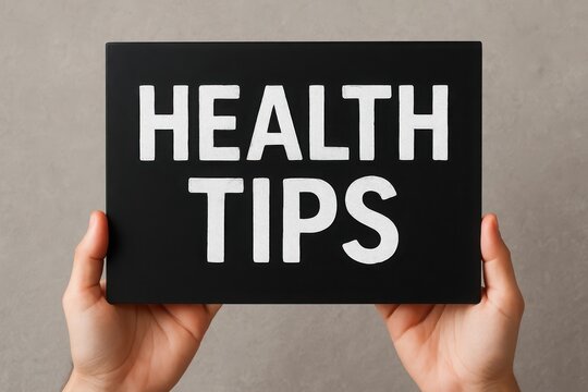 Hands holding health tips sign promoting wellness advice and healthy living