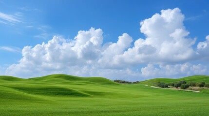 Obraz premium Lush Green Landscape Under Bright Blue Sky with Fluffy White Clouds in a Serene Natural Environment