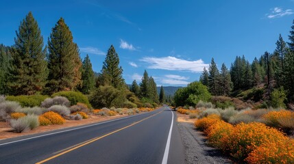 Fototapeta premium Scenic Californian Highway Through Vibrant Wildflowers in a Lush Woodland Landscape Under a Clear Blue Sky